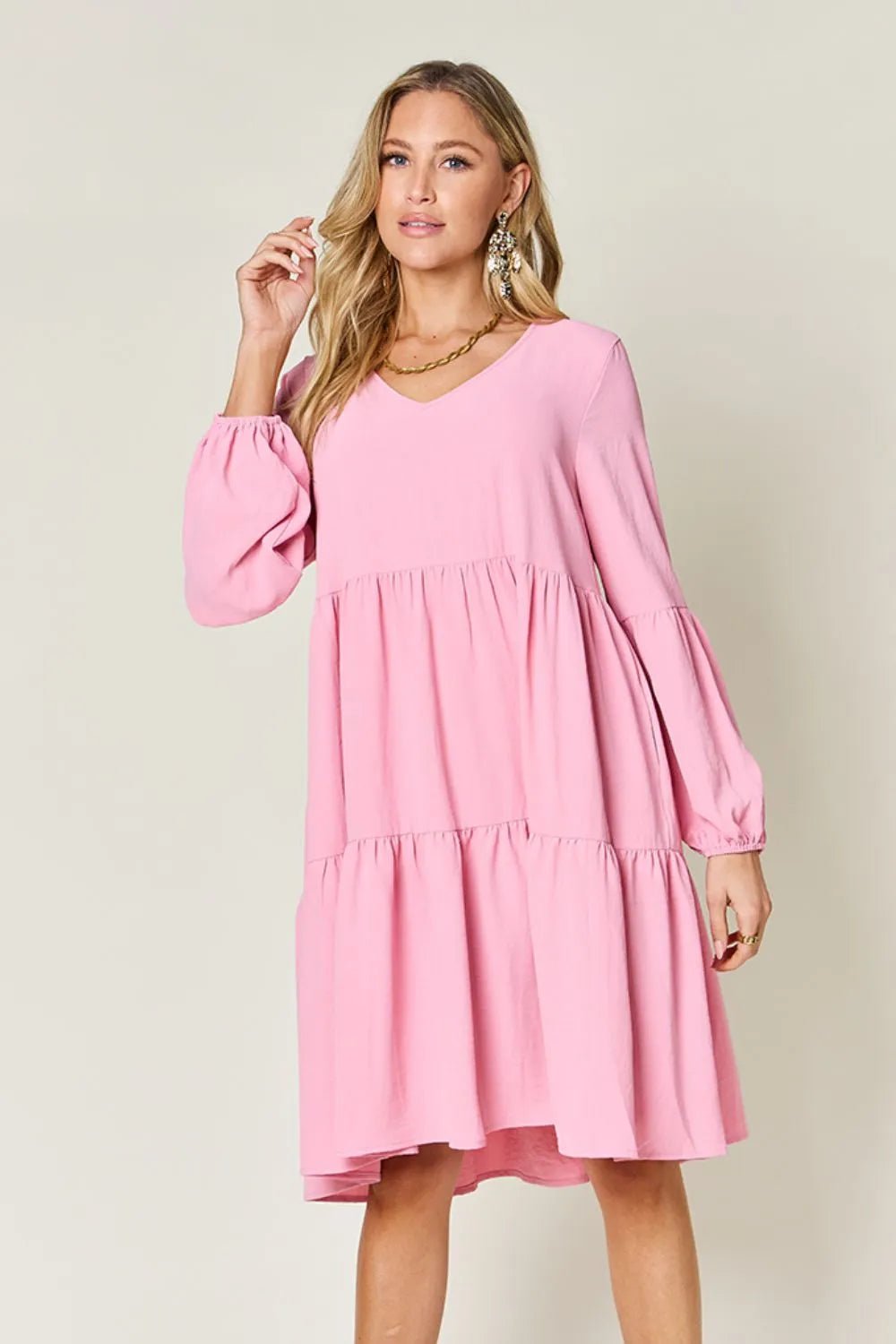 V - Neck Tiered Dress with Balloon Sleeves and Pockets - Bela Fils BoutiqueBela Fils Boutique